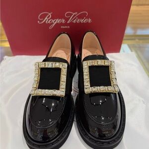 Roger Vivier Black Patent Loafers with Gold Embellished Buckle